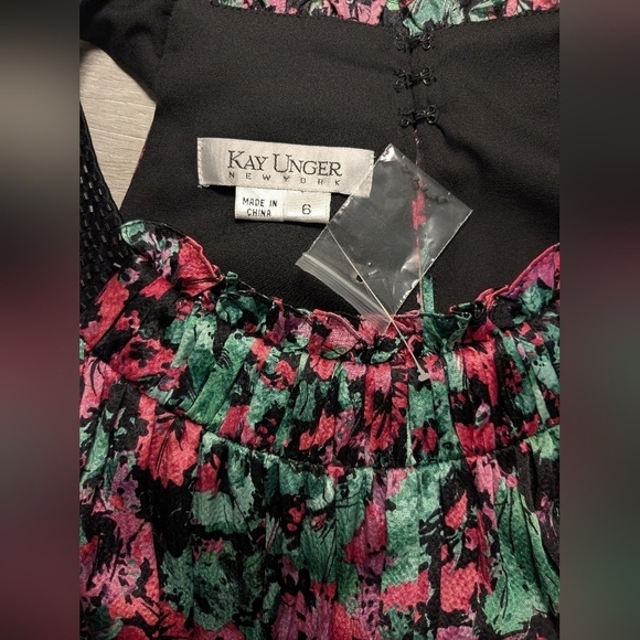 Kay Unger Pink Green Floral Ruched Silk Sleeveless Flowy Dress Glam Evening - Picture 8 of 11